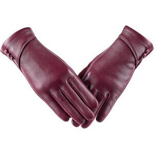Women's Winter Leather Gloves Touch Screen Wool Lined Windproof Warm Suede Red